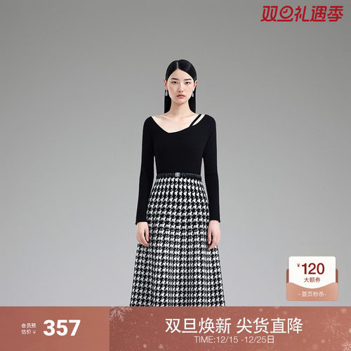 ochirly欧时力千鸟格毛织连衣裙