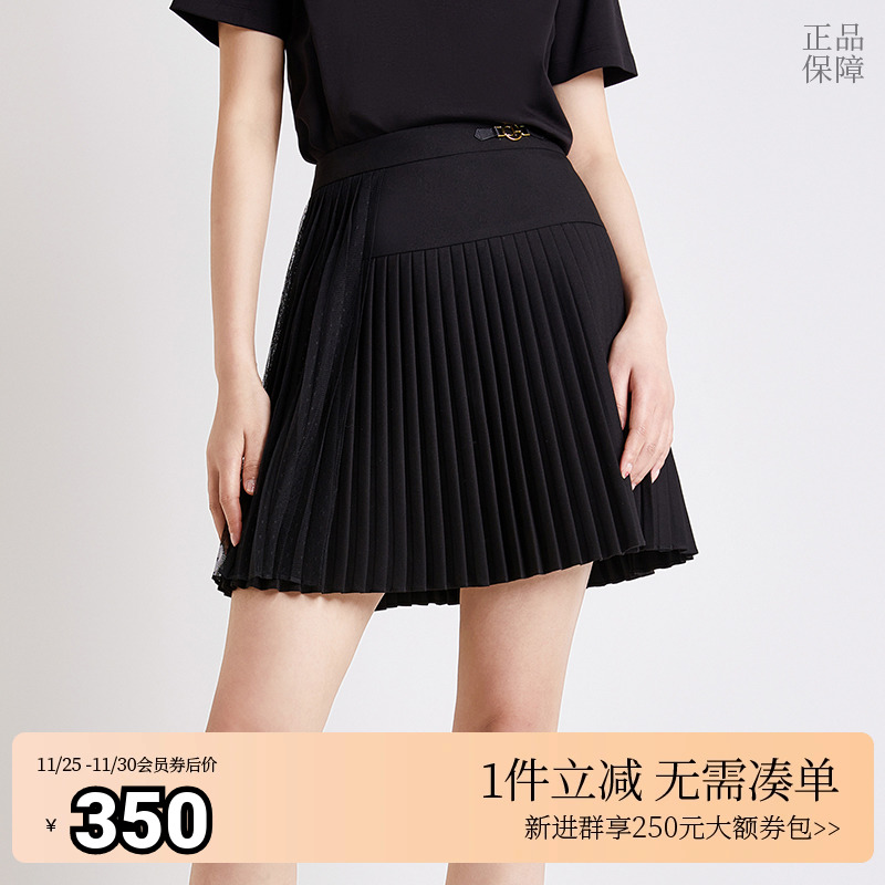 欧时力半身裙夏装百褶短裙jk金属扣皮袢设计感