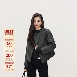 ochirly欧时力小香风机车皮衣外套女上衣圆领高级早春