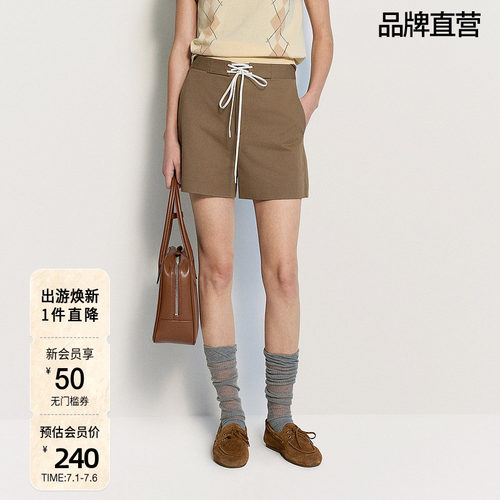 OCHIRLY欧时力 100%棉直筒短裤女裤子系带休闲小个子夏季新品