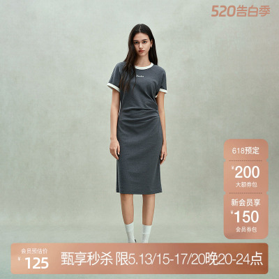 ochirly欧时力 抽褶插肩连衣裙女刺绣撞色收腰休闲2025春季新品