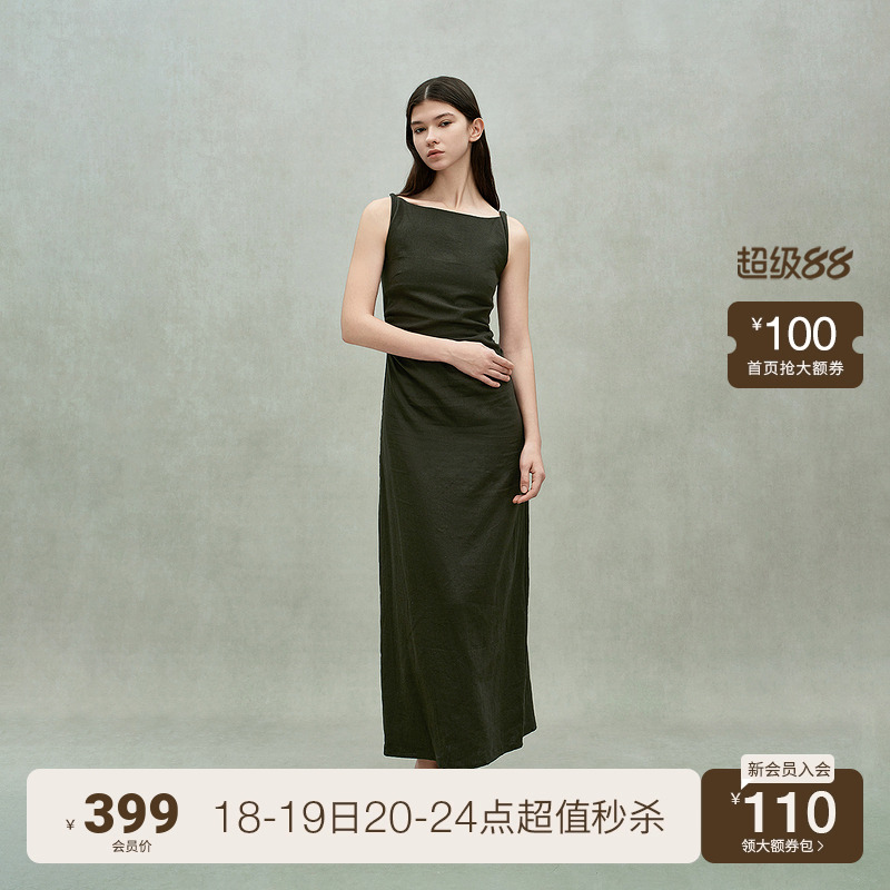 ochirly欧时力 亚麻收褶小黑裙无袖连衣裙礼服气质2025夏季新品