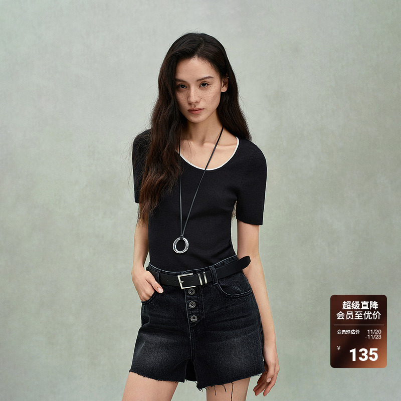 【可机洗澳大利亚100%羊毛】ochirly欧时力短袖针织毛衣2025春季