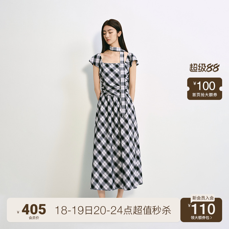 OCHIRLY欧时力 格子飞袖连衣裙收腰复古配飘带小个子2025夏季新品