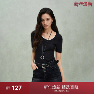 针织毛衣2025春季 ochirly欧时力短袖 可机洗澳大利亚100%羊毛