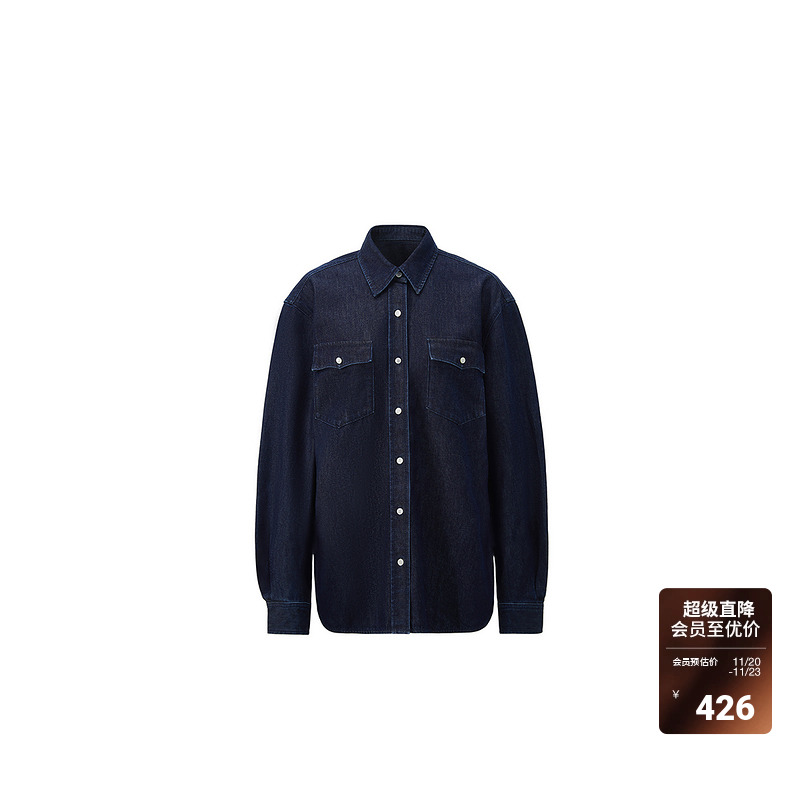 OCHIRLY欧时力 中长款洗水蓝色牛仔衬衫女外套气质2024秋冬新品