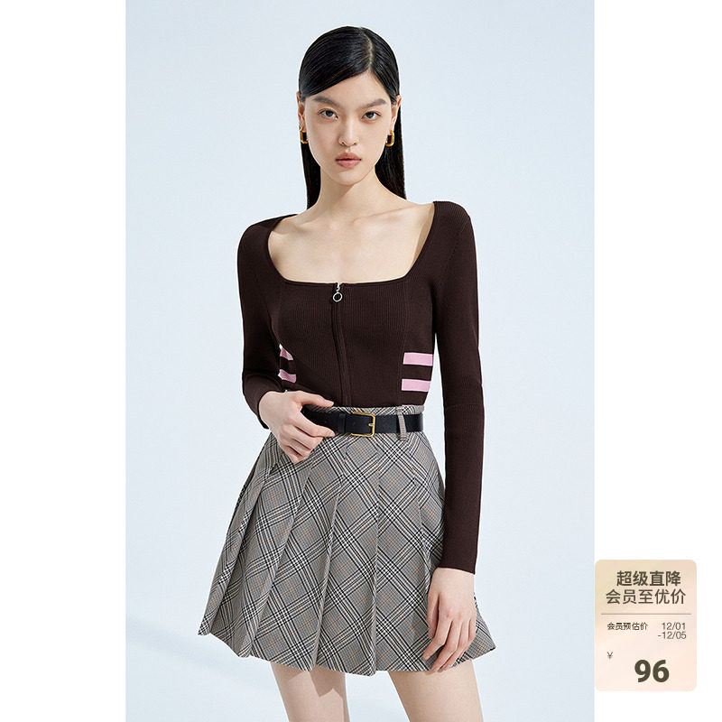 黑标系列欧时力条纹修身针织外套女春装方领休闲运动风