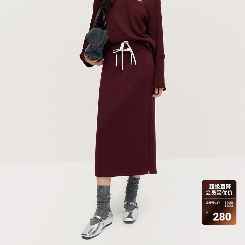 OCHIRLY欧时力 空气层中长半身裙系带通勤休闲运动风2024秋冬新品
