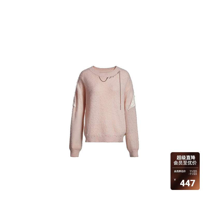 ochirly欧时力 提花手工编织毛衣女2024新款早春重工饰链条宽松