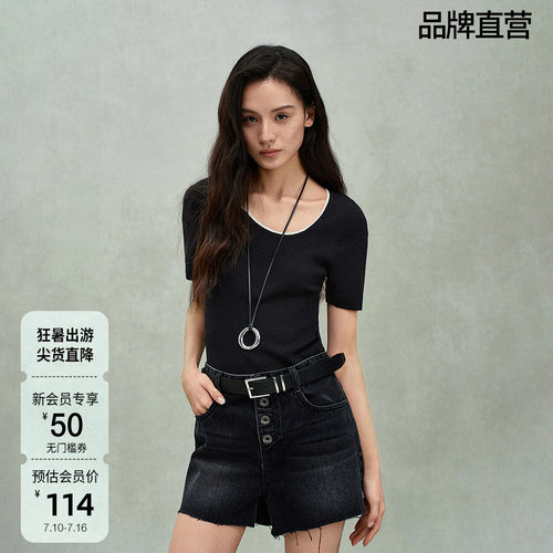 【可机洗澳大利亚100%羊毛】ochirly欧时力短袖针织毛衣春季