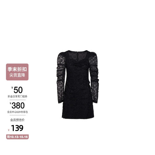 绣花蕾丝羊腿袖连衣裙 ochirly欧时力款春装显瘦短款小黑裙