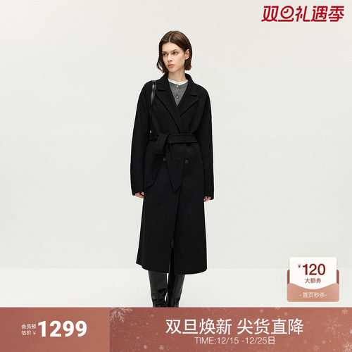 OCHIRLY欧时力 羊毛双面呢排扣大衣外套驳领腰带复古2025秋季新品