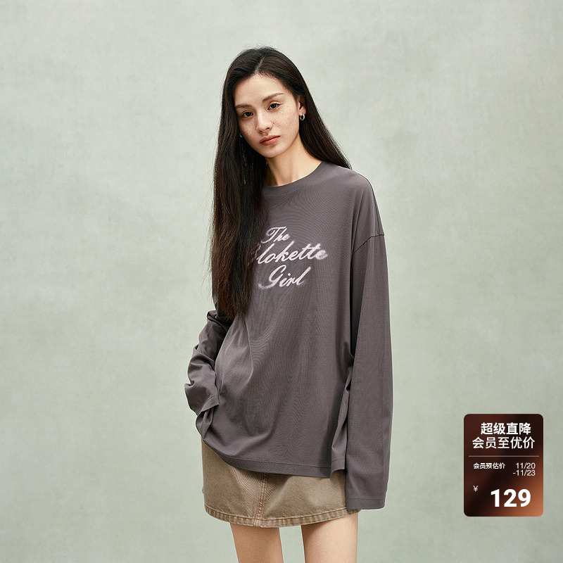 ochirly欧时力 轻薄纯棉印花长袖T恤女后开衩上衣2025春季新品