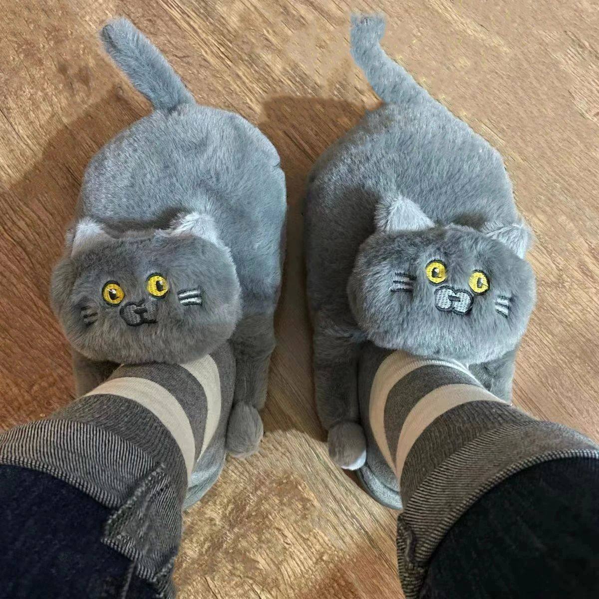 Cuddly Hug Cat Slippers Women Men Winter Home Slides Kawaii