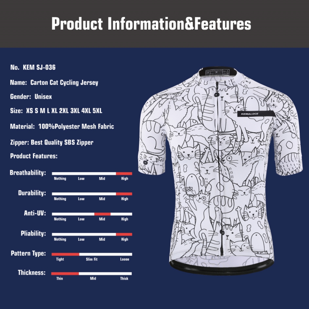 KEMALOCE Breathable Unisex White Cartoon Cat Cycling Jersey