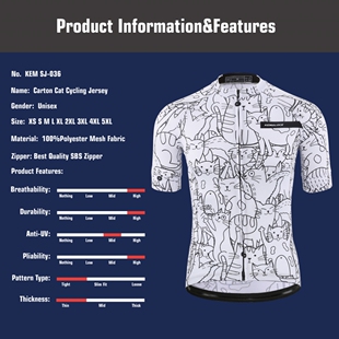 KEMALOCE Breathable Unisex White Cartoon Cat Cycling Jersey