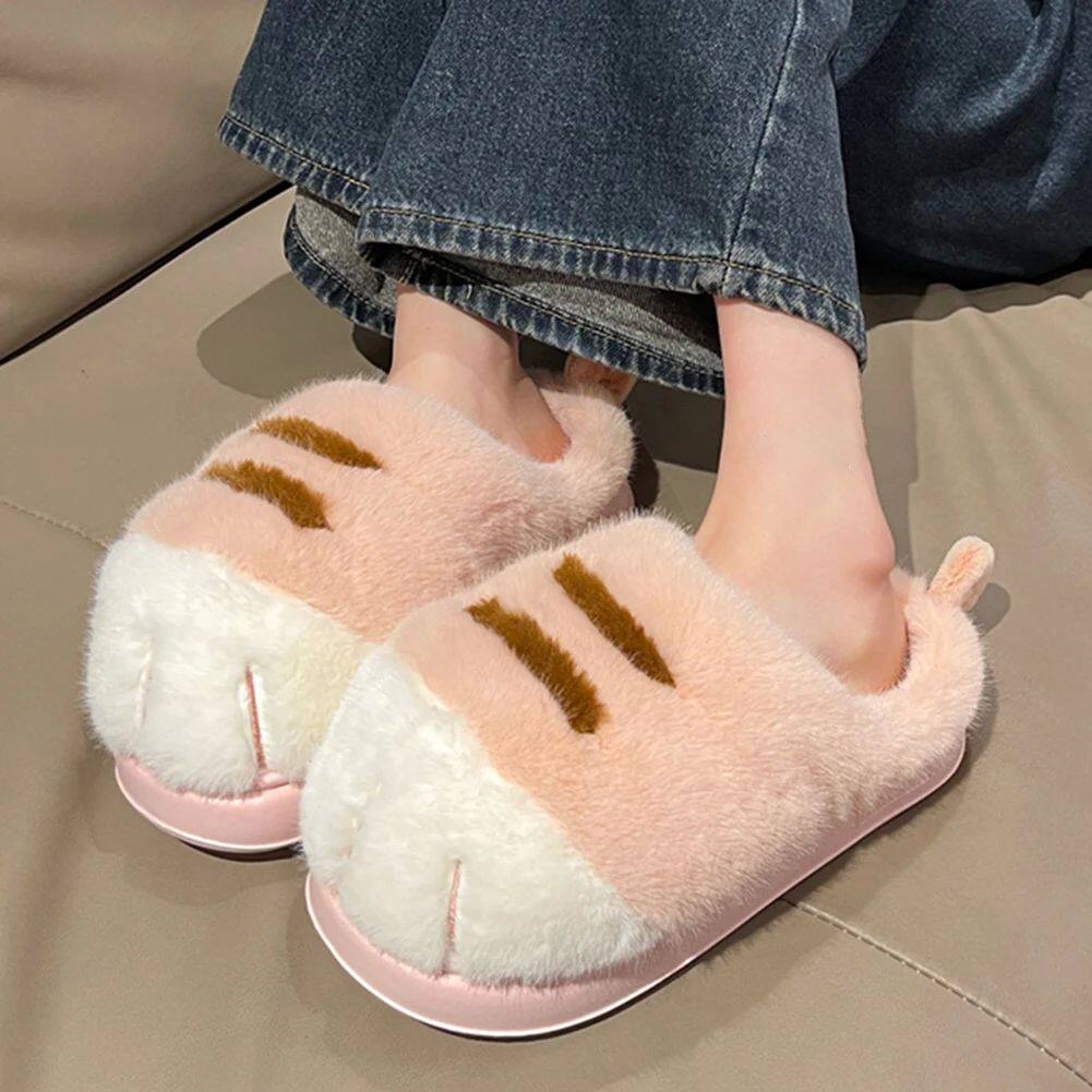 3D Cat Paw Plush Slippers Flat Thermal Slippers Comfortable