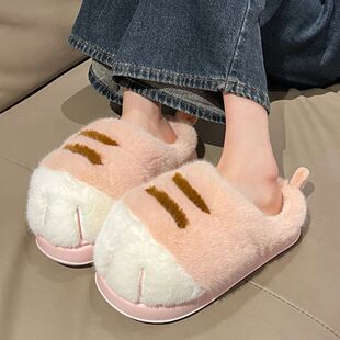 3D Cat Paw Plush Slippers Flat Thermal Slippers Comfortable