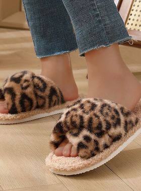 2025 New Open Toe Leopard Print Fur Slippers Women Lightweig