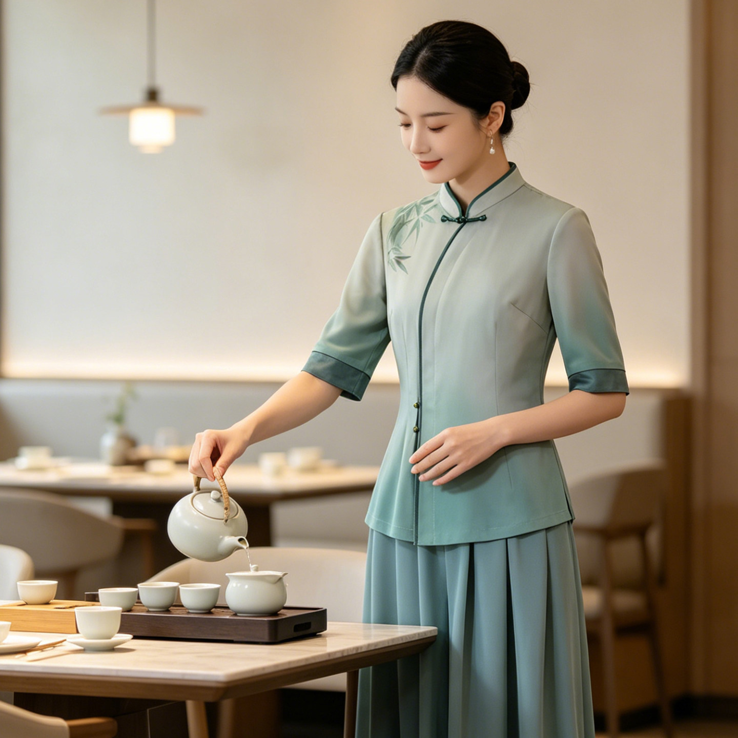 新中式餐饮制服女酒店饭厅茶楼高端餐饮服务员工装夏季饭店短袖