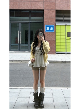 INS CEC甜美穿搭长袖开衫蕾丝边吊带背心阔腿裤春季新款穿搭套装