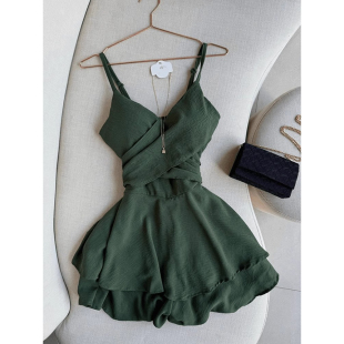 实价现货纯欲风墨绿色吊带连衣裙女2025夏季 交叉设计感收腰短裙子