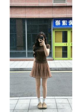 INS CEC韩系少女风正肩短袖T恤女高腰显瘦网纱波点半身裙套装