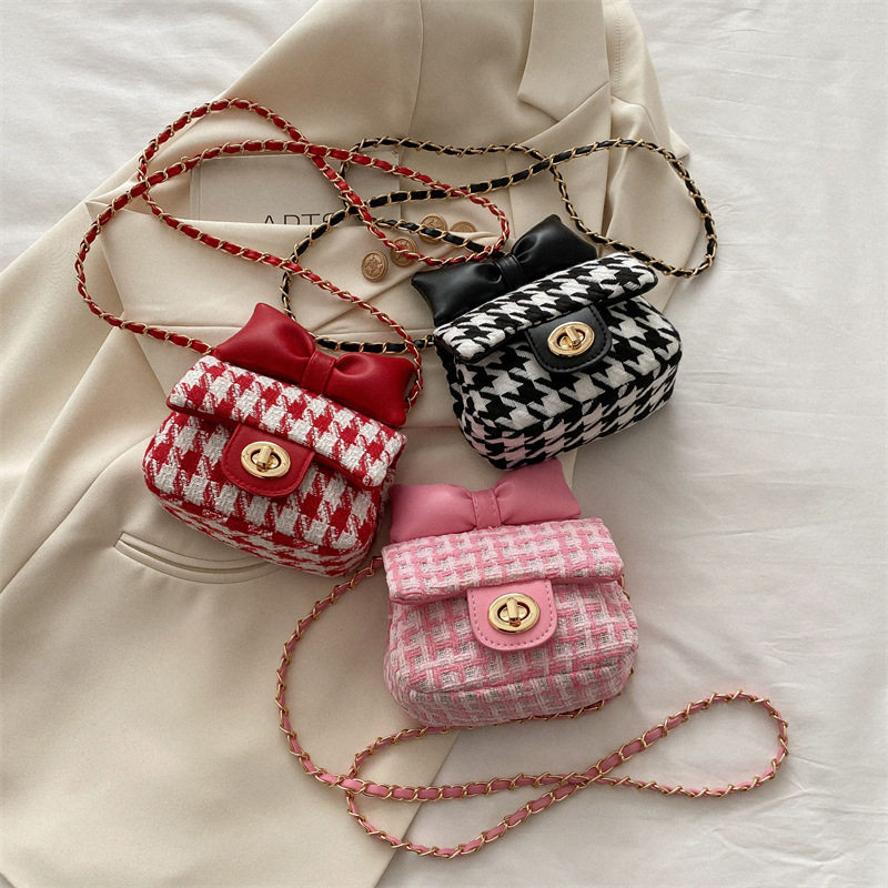 儿童包春季新款甜美蝴蝶结毛呢小方包小香风女童链条斜挎包口红包