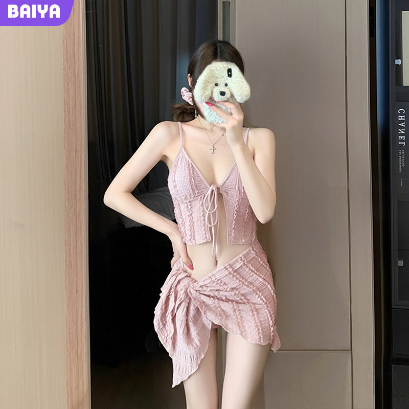纯欲风蕾丝比基尼三件套女深V吊带韩国ins风性感度假泳装直销