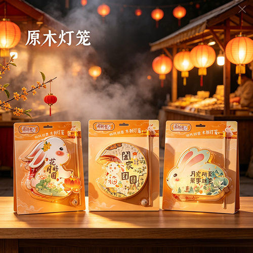 中秋木质手提兔子灯笼 古风卡通发光花灯 儿童玉兔小夜灯节日文创