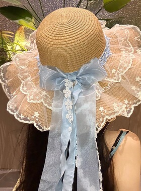 蓝色蕾丝蝴蝶结防晒草帽女夏季田园风大帽檐遮阳帽海边度假沙滩帽