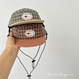 复古格子儿童棒球帽拼色新款 带防风绳遮阳防晒帽宝宝平檐鸭舌帽子