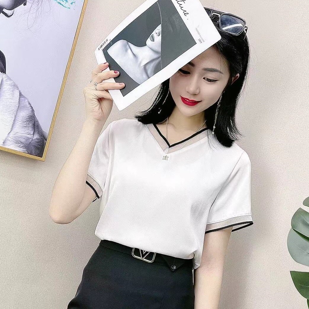 华婷服饰工厂女装夏季2022年新款珍珠缎面丝滑亲肤短袖t恤女时尚