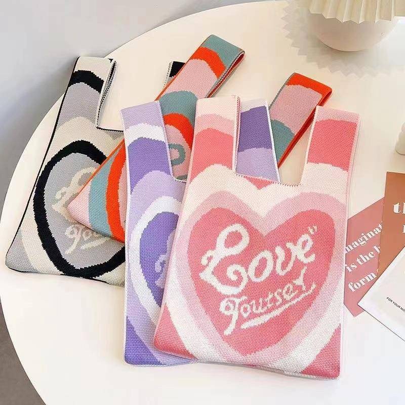 小众设计少女粉针织包包百搭针织单肩编织包手提包手提包托特包出