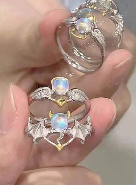 天使与恶魔月光石情侣戒指时尚开口可调节送男女朋友礼物