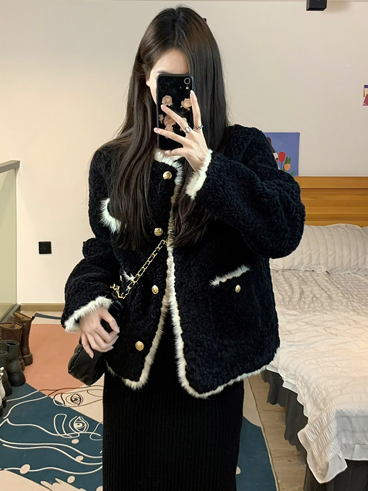黑色小香风外套女2024秋冬新款羊羔毛上衣短款皮毛一体高级感加厚