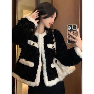 小香风黑色羊羔毛绒外套女春秋冬季高级设计感小众炸街毛茸茸上衣