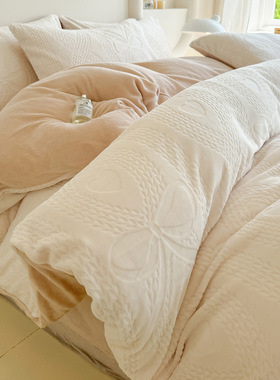 金贝壳新款A类纯色牛奶绒四件套秋冬加厚雕花绒三件套珊瑚绒床单
