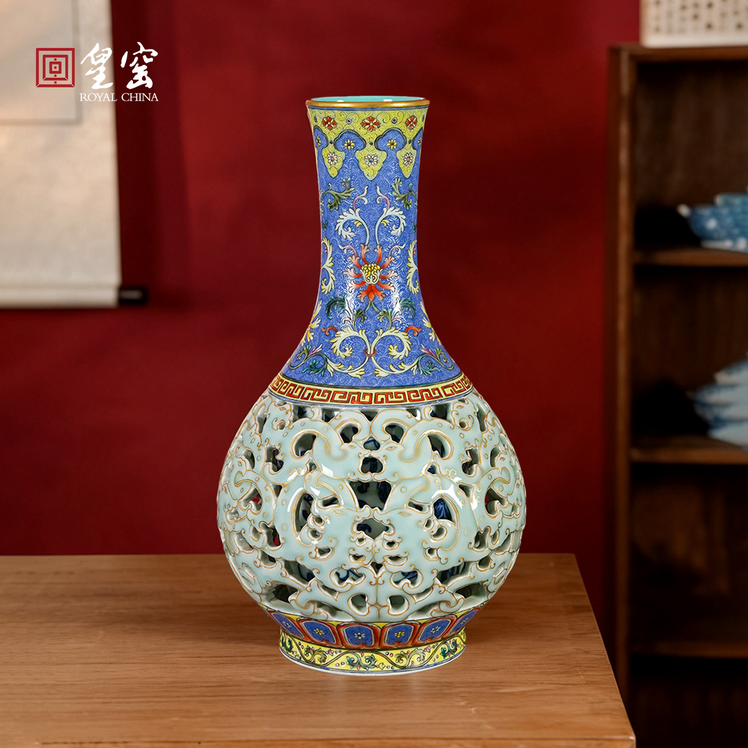 皇窑仿古花瓶景德镇陶瓷瓶高档摆件客厅博古架轻奢装饰纯手工瓷器