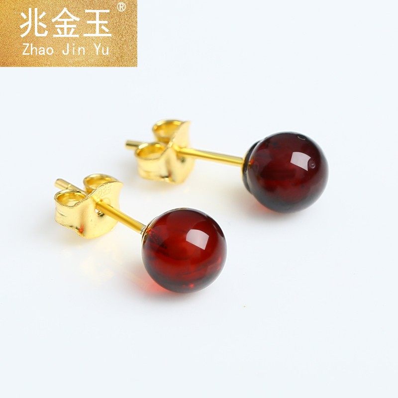 正品琥珀血泊耳钉女款 925银镶嵌圆珠原石耳饰耳环带证书LW0809