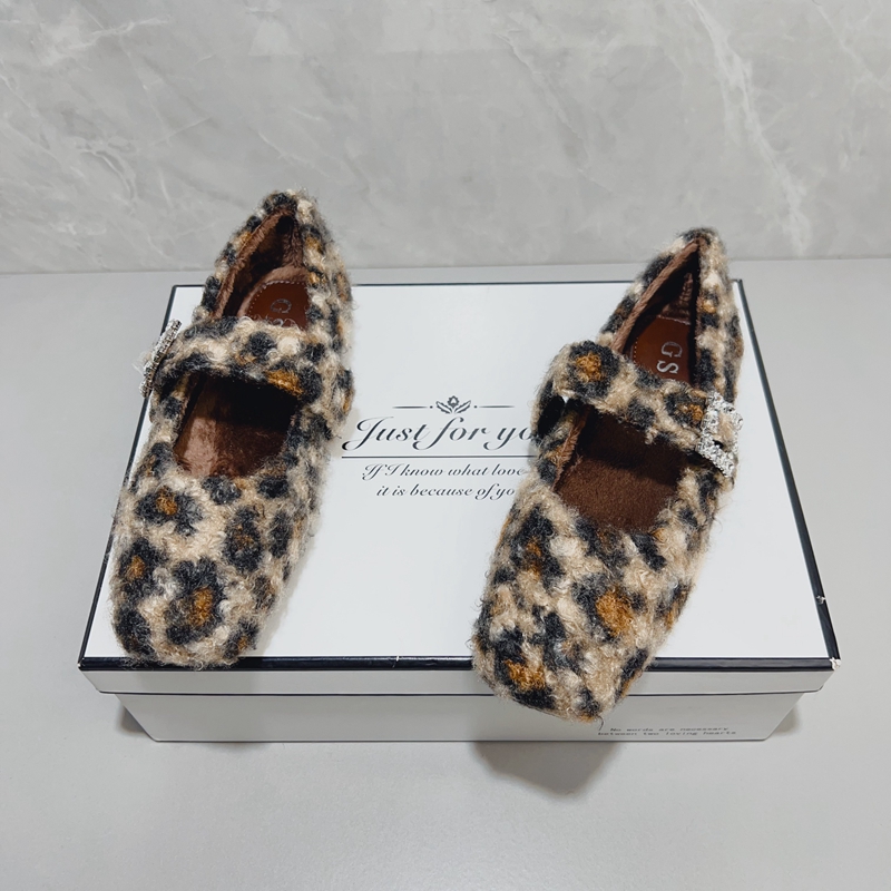 欧美豹纹复古方头玛丽珍鞋