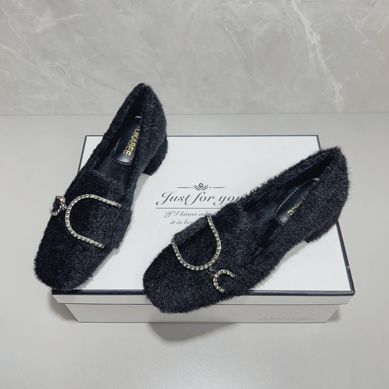 法式高跟毛毛鞋女秋冬季百搭粗跟单鞋貂毛棉瓢鞋一脚蹬加绒豆豆鞋,女鞋,浅口单鞋,淘宝优惠券,粉丝福利购,淘宝优惠卷