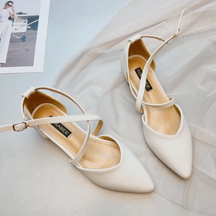 包头凉鞋女2026春夏季新款仙女风中跟粗跟尖头交叉带法式高跟单鞋