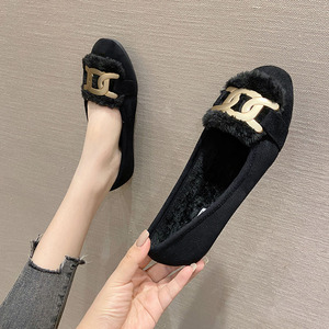 黑色一脚蹬女鞋平底毛毛鞋女冬加绒豆豆鞋2023年新款棉鞋圆头单鞋