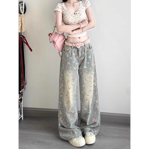 小个子碎花阔腿牛仔裤