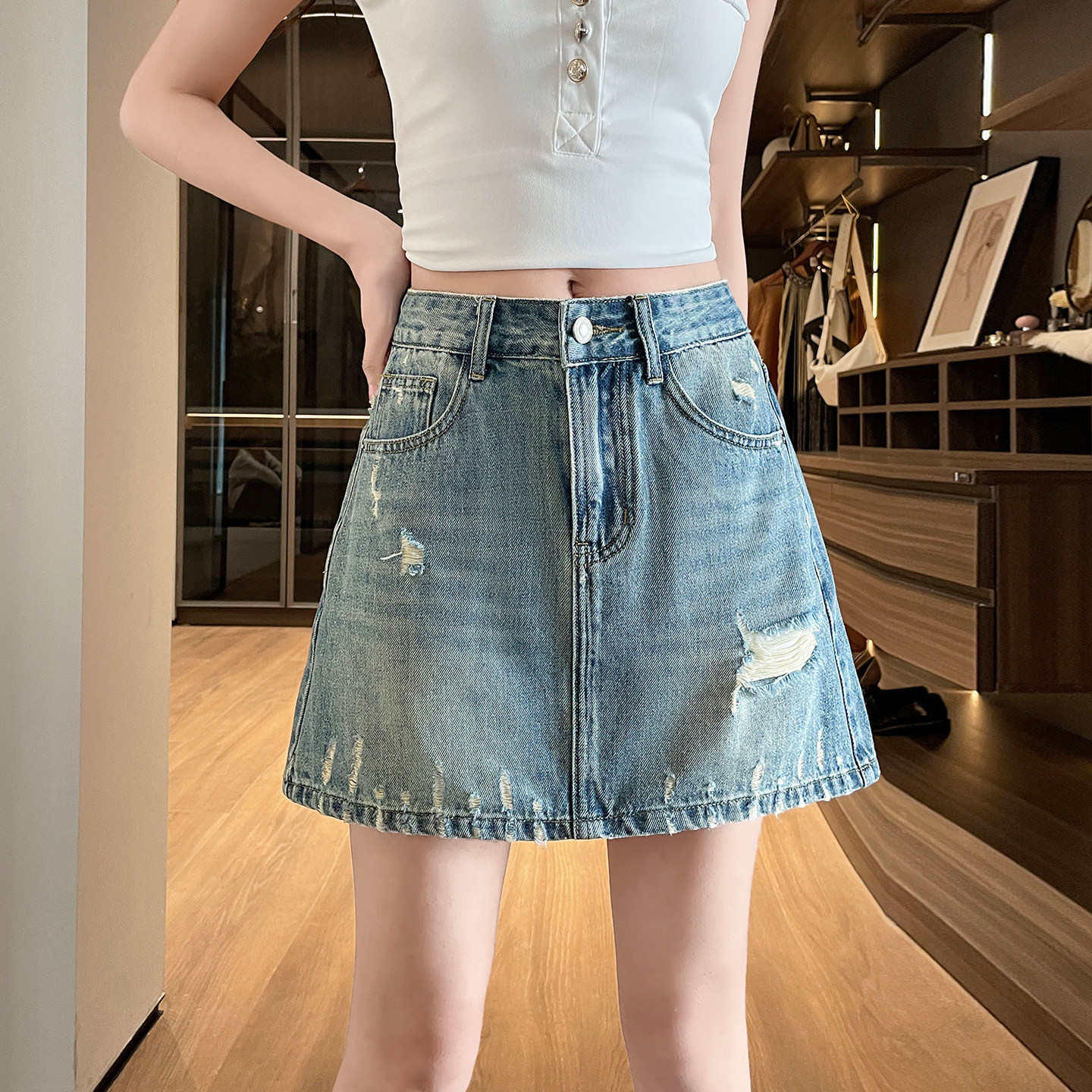 小个子辣妹牛仔短裙女2026夏季新款复古蓝高腰显瘦A字防走光裙Z子