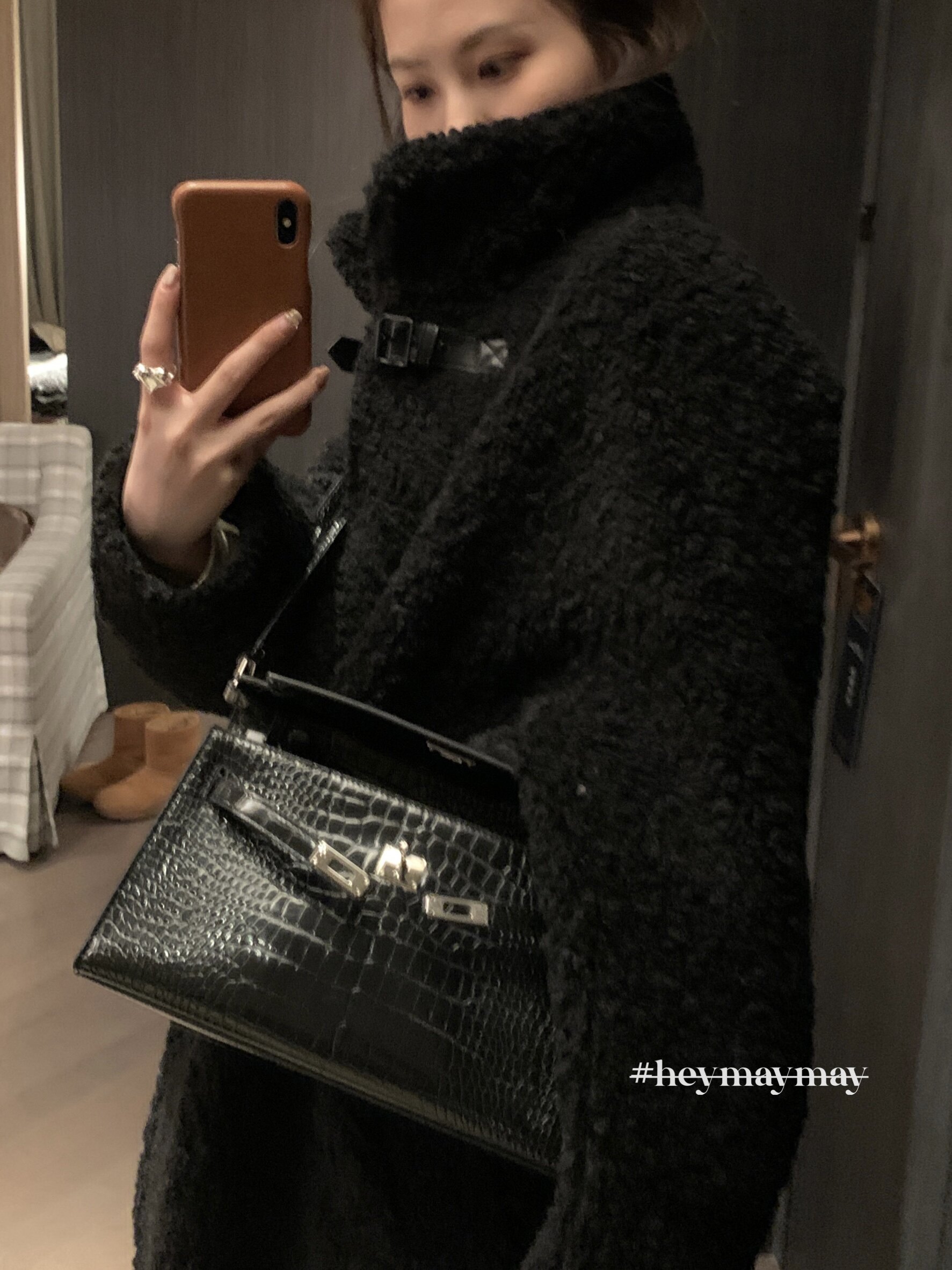 heymaymay慕尼黑夜长方包亮面鳄鱼纹包包单肩斜挎腋下银扣包