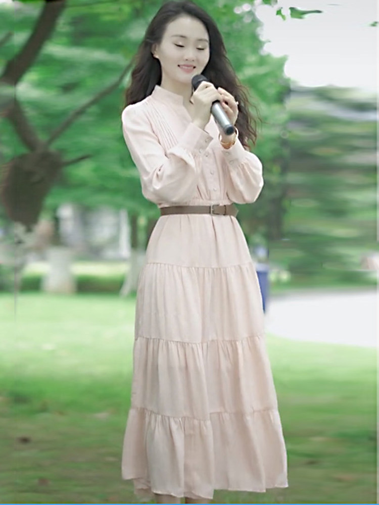 淑女连衣裙中长裙纯色