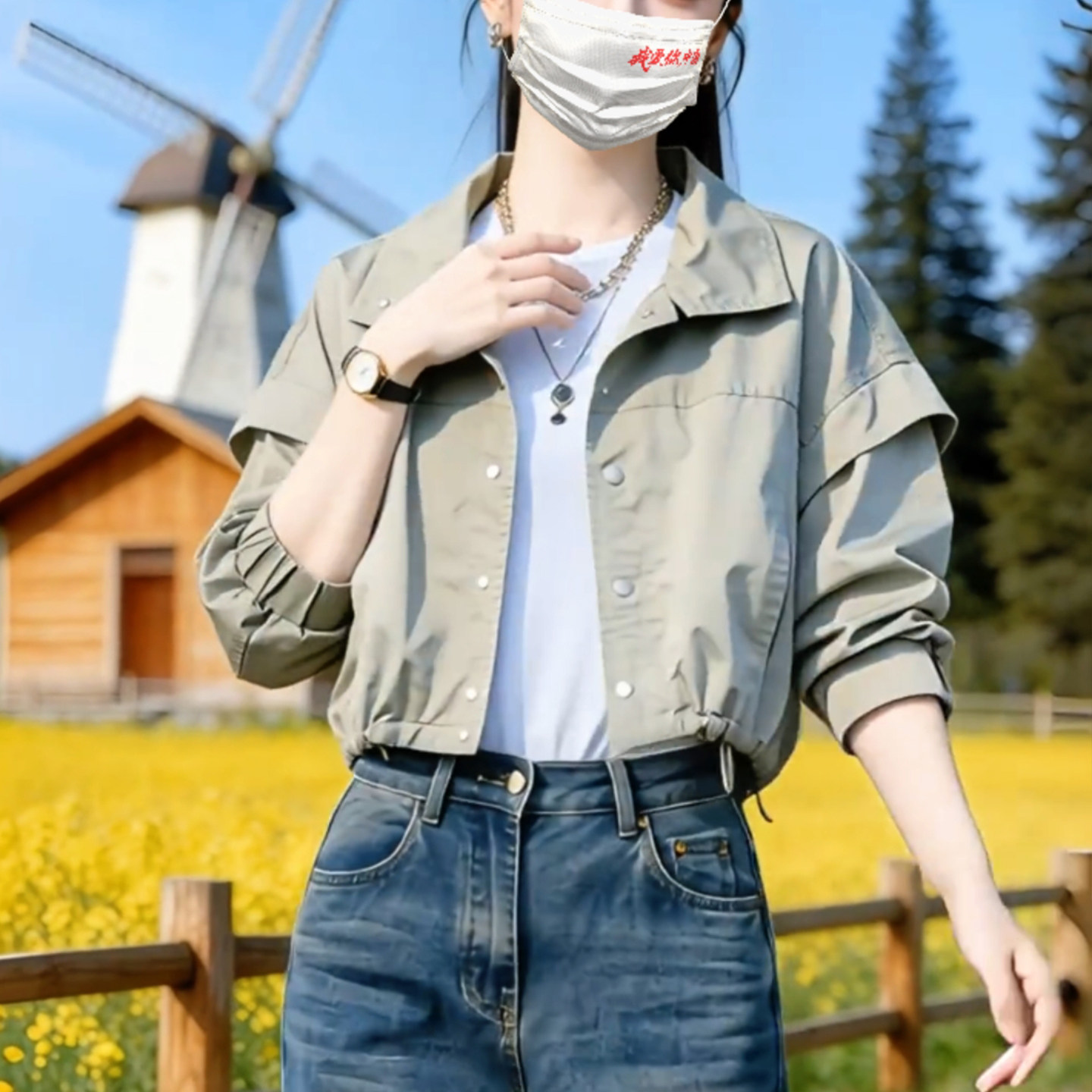 春秋韩系小个子蝙蝠袖短款冲锋衣