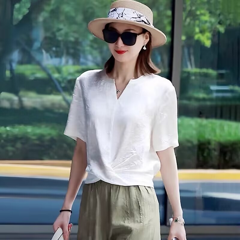 夏季白色醋酸短袖衬衫女装